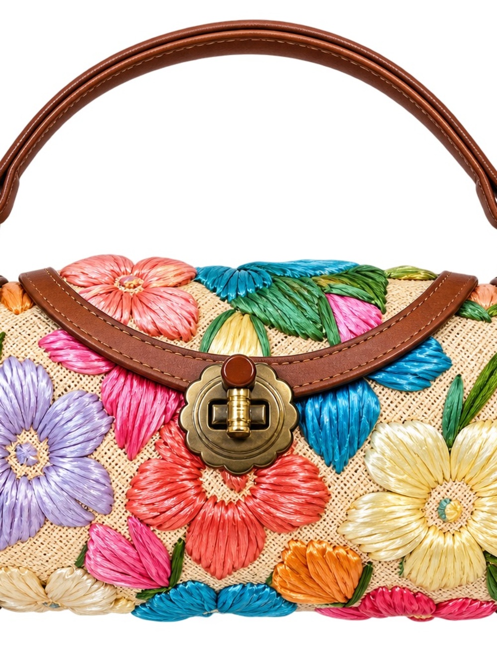 Woven Floral Embroidered Top-Handle Bag - Multicolor